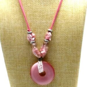 Pink Circle Donut Beaded Necklace on Pink Adjustable Fabric Cord